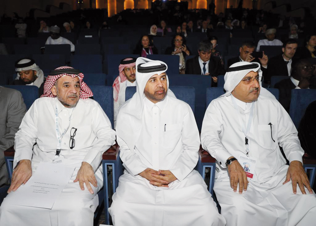 General Manager of Katara, Prof Dr. Khalid bin Ibrahim Al Sulaiti (centre); Vice-President for Academic Affairs at Qatar University, Dr. Omar Al Ansari (left); and  Secretary-General of the Global Public Diplomacy Network (GPDNet), Eng. Darwish Ahmed Al Shaibani at the opening of the conference yesterday.  