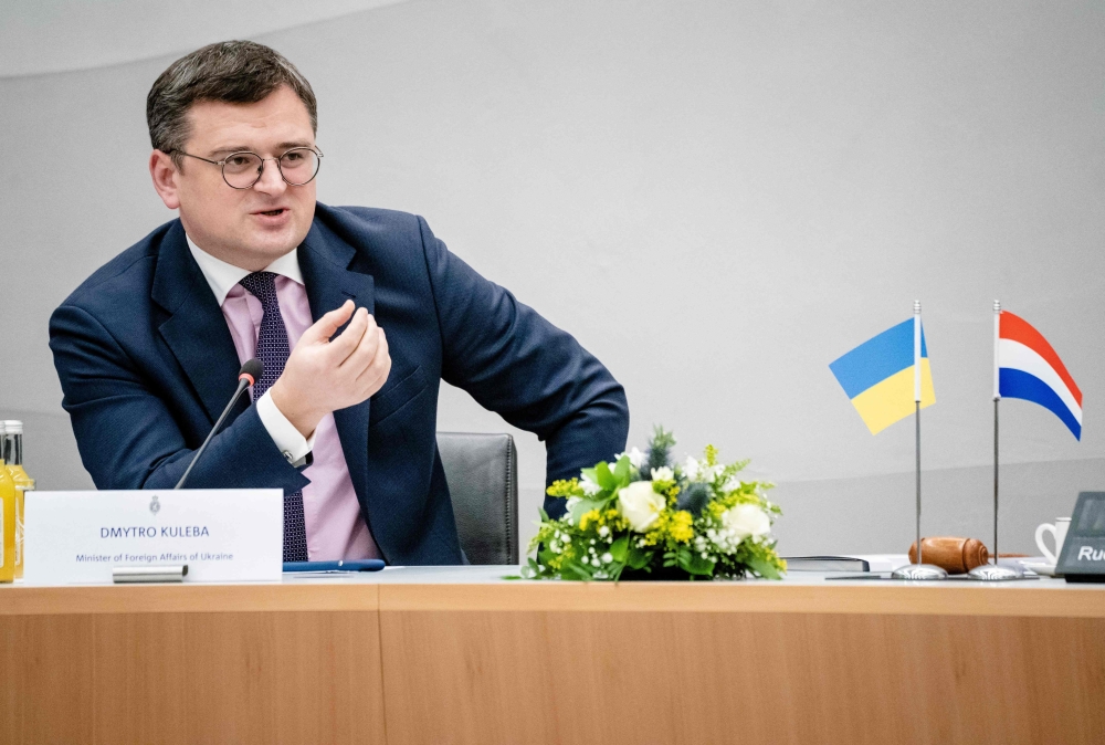 Ukraine's Minister of Foreign Affairs Dmytro Kuleba speaks during a meeting with members of parliament, in The Hague, on February 21, 2023. (Photo by Bart Maat / ANP / AFP)