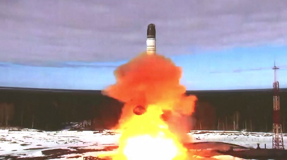 (FILES) In this file photo video grab made from a handout video footage released by the Russian Defence Ministry on April 20, 2022 shows the launching of the Sarmat intercontinental ballistic missile at Plesetsk testing field, Russia. - The Russian President said that Russia has successfully tested the Sarmat intercontinental ballistic missile, saying the next-generation capable of carrying nuclear charges will make Kremlin's enemies 