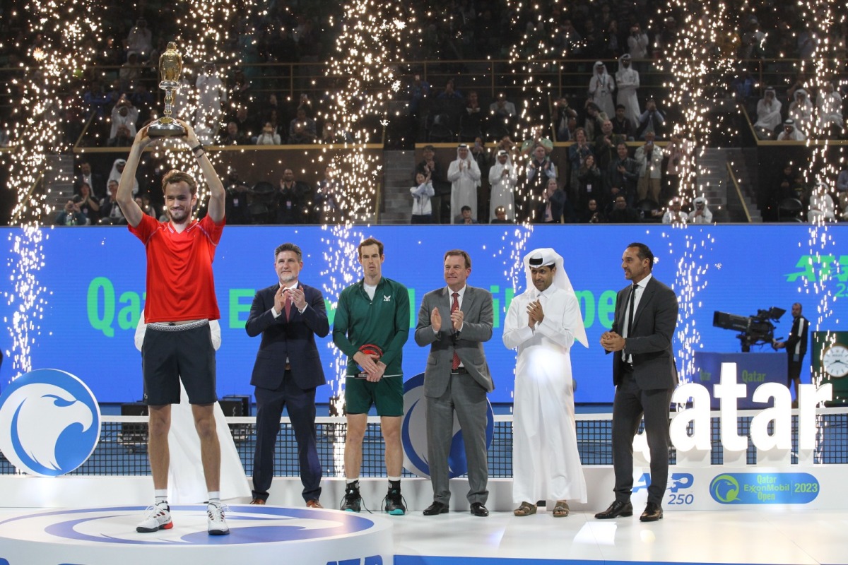  World No. 8 Daniil Medevedev with the champion's trophy at the end of the Qatar ExxonMobil Open 2023 at the Khalifa International Tennis & Squash Complex in Doha on Saturday.  Photo: Salim Matramkot