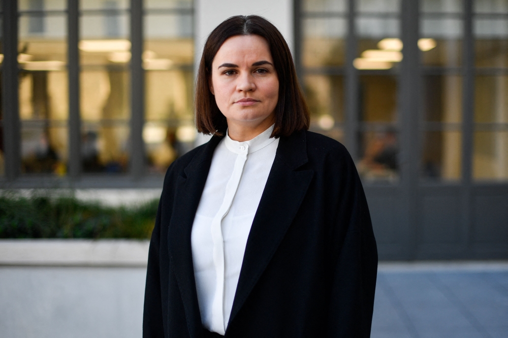 In this file photo taken on October 07, 2022 exiled Belarusian opposition leader Svetlana Tikhanovskaya poses after giving a press conference at Sciences Po's school in Paris. (Photo by JULIEN DE ROSA / AFP)