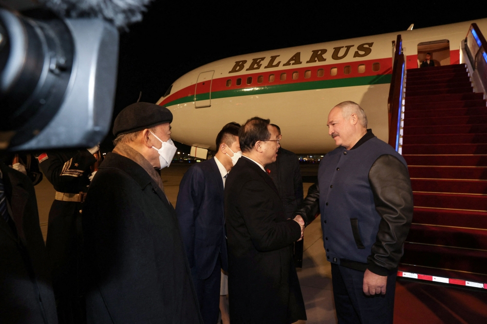 Belarus' President Alexander Lukashenko arrives in Beijing on February 28, 2023. (Photo by Maxim GUCHEK / BELTA / AFP)