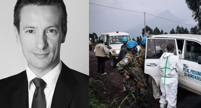 A photo combination of Italian Luca Attanasio and a medical vehicle of the North Kivu hospital loaded with the body of the driver on a road on the edge of the Virunga National Park near the village of Kibumba, some 25km from Goma, where the Italian ambassador to the Democratic Republic of Congo, his bodyguard and driver, were killed earlier when their car came under gunfire while he was on a field trip on February 22, 2021. File photo / AFP
