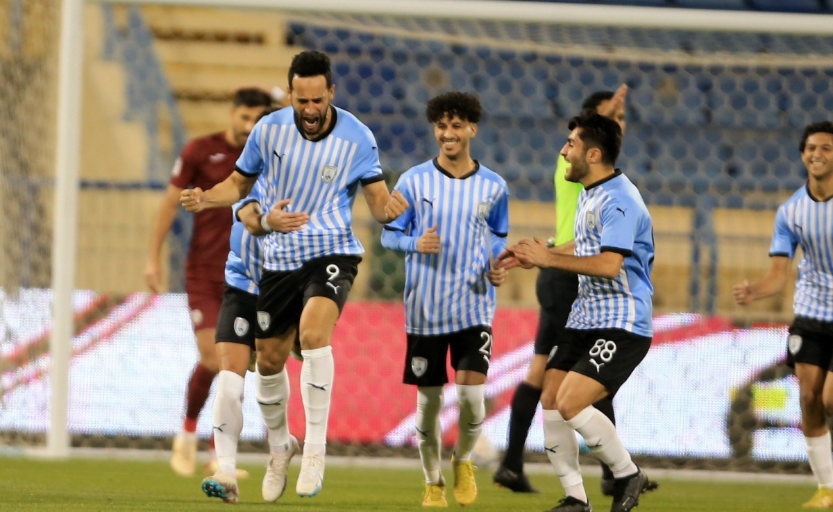 Al Wakrah players celebrate after scoring a goal against Al Markhiya, yesterday.