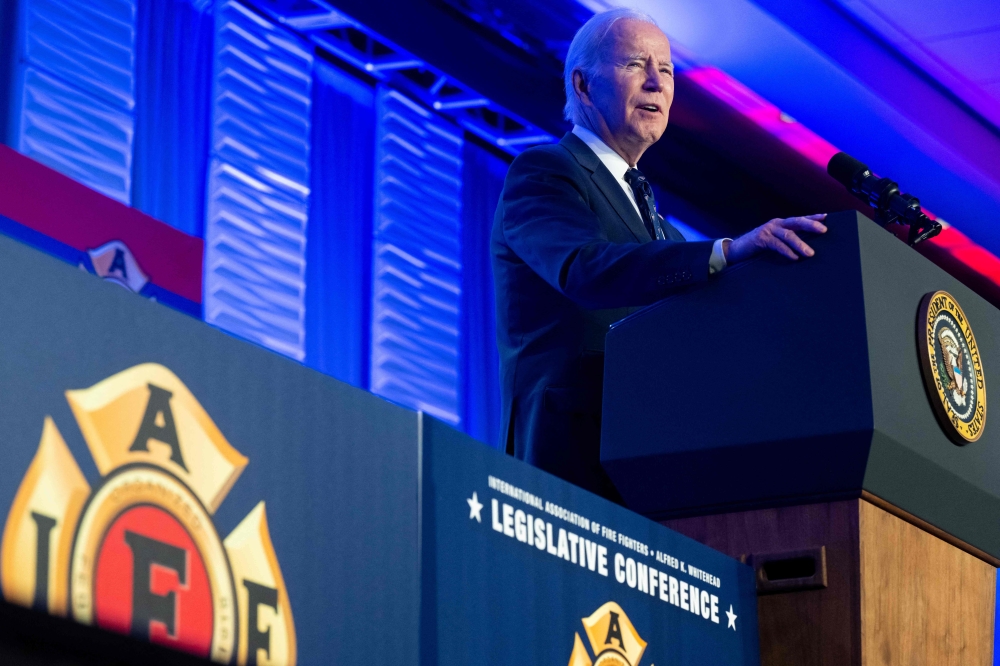 US President Joe Biden speaks during the 2023 International Association of Fire Fighters Legislative Conference in Washington, DC, on March 6, 2023. (Photo by SAUL LOEB / AFP)