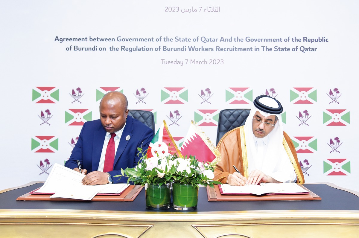 Minister of Labour H E Dr. Ali bin Smaikh Al Marri (right) and Minister of Foreign Affairs and Development Cooperation of Burundi H E Albert Shingiro signing the memorandum.

