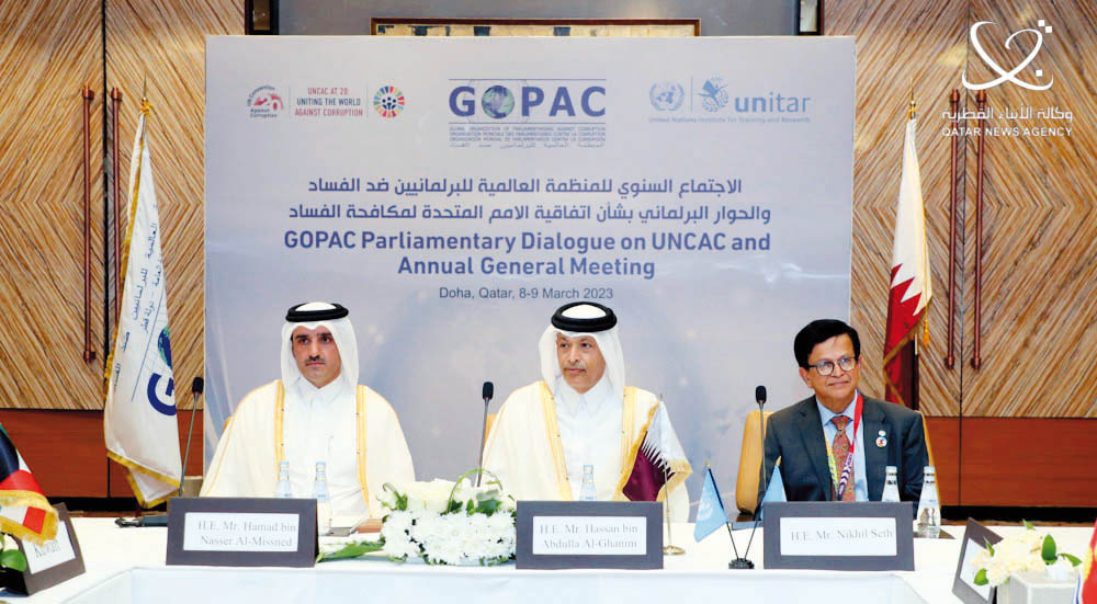Speaker of the Shura Council H E Hassan bin Abdullah Al Ghanim (centre), Chairman of the Administrative Control and Transparency Authority Hamad bin Nasser Al Misned (left) and Executive Director of the UN Institute for Training and Research Nikhil Seth during the parliamentary dialogue organised by Global Organization of Parliamentarians Against Corruption.