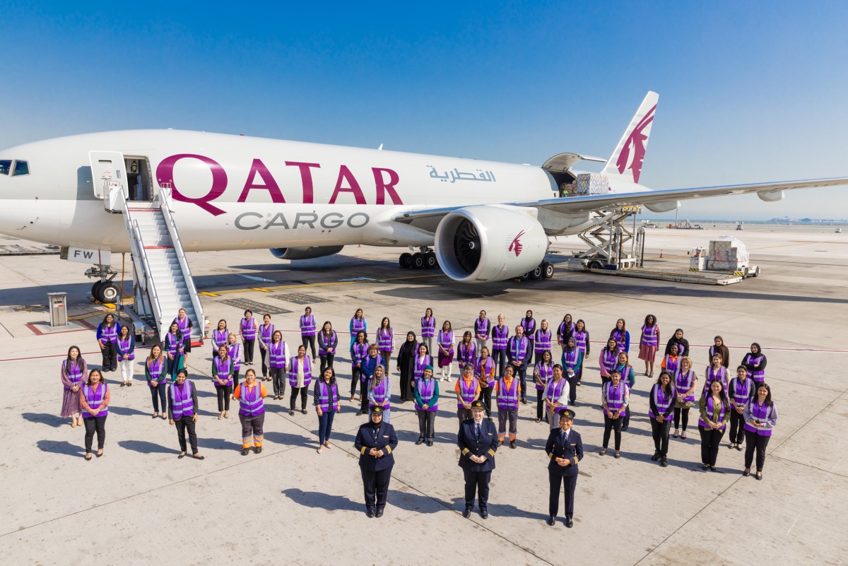 Female employees of Qatar Airways Cargo during the International Women’s Day celebrations.