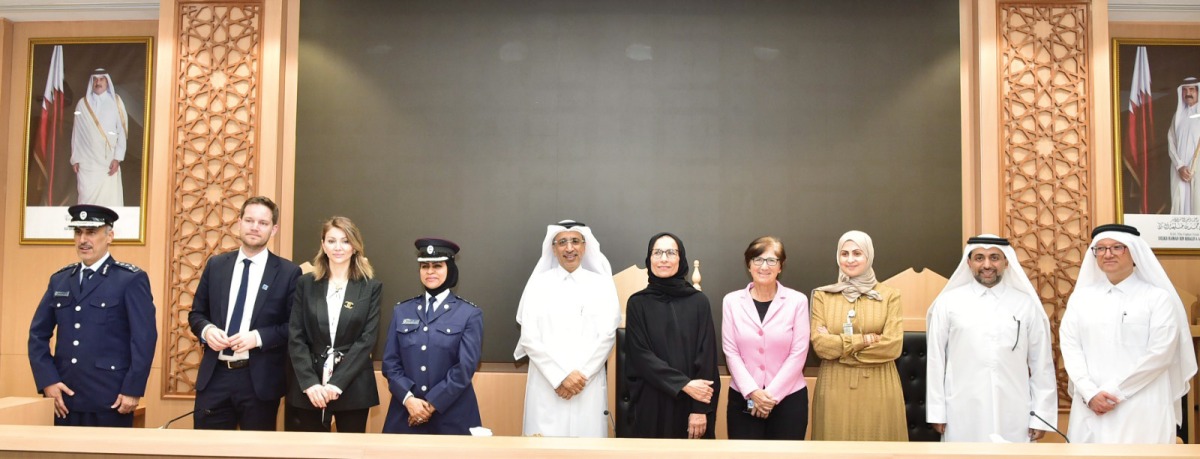 President of the Supreme Judiciary Council and President of the Court of Cassation, H E Dr. Hassan Lahdan Al Mohannadi (sixth right); QU President, Dr. Hassan Al Derham (second right); former President of QU, Prof. Sheikha Abdulla Al Misnad (fifth right); Dean of College of Education, Dr. Hessa bint Hamad bin Khalifa Al Thani (third right); Dean of the College of Law at QU, Dr. Talal Abdullah Al Emadi (first right) and other dignitaries and participants during the conference.