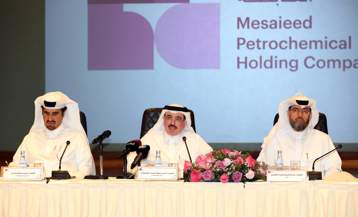 Ahmad Saif Al Sulaiti (centre), Chairman of Mesaieed Petrochemical Holding Company, addressing at the AGM of the company held at the Sheraton Grand Doha Resort & Convention Hotel in Doha yesterday. Picture by: Salim Matramkot/The Peninsula