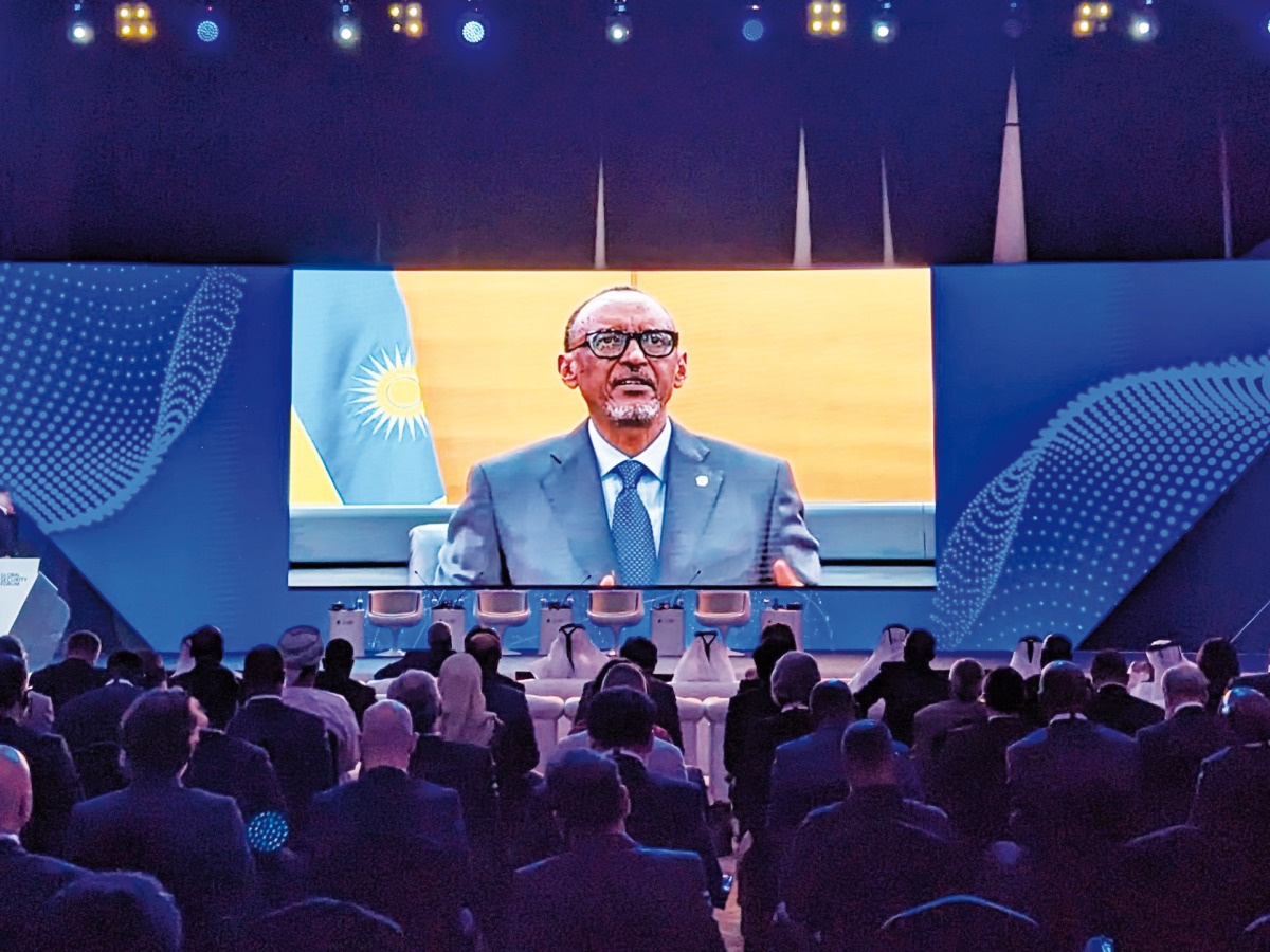 Paul Kagame on the screen during a video interview at the ongoing Global Security Forum in Doha.