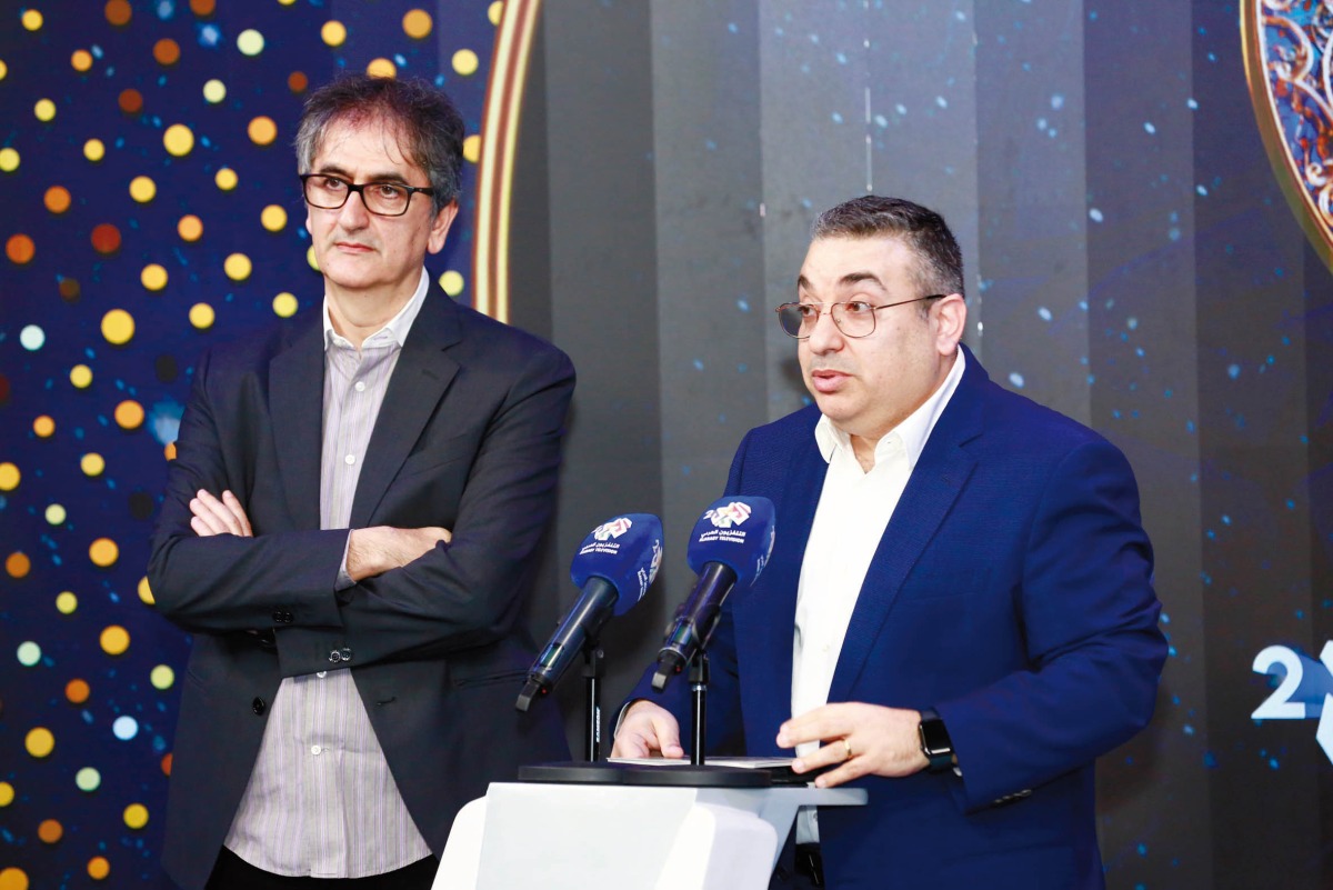 Elias Khoury, the CEO of Alaraby 2 speaking during the press conference, while Joseph Al Husseini, Director of Acquisition for Alaraby 2, looks on.
