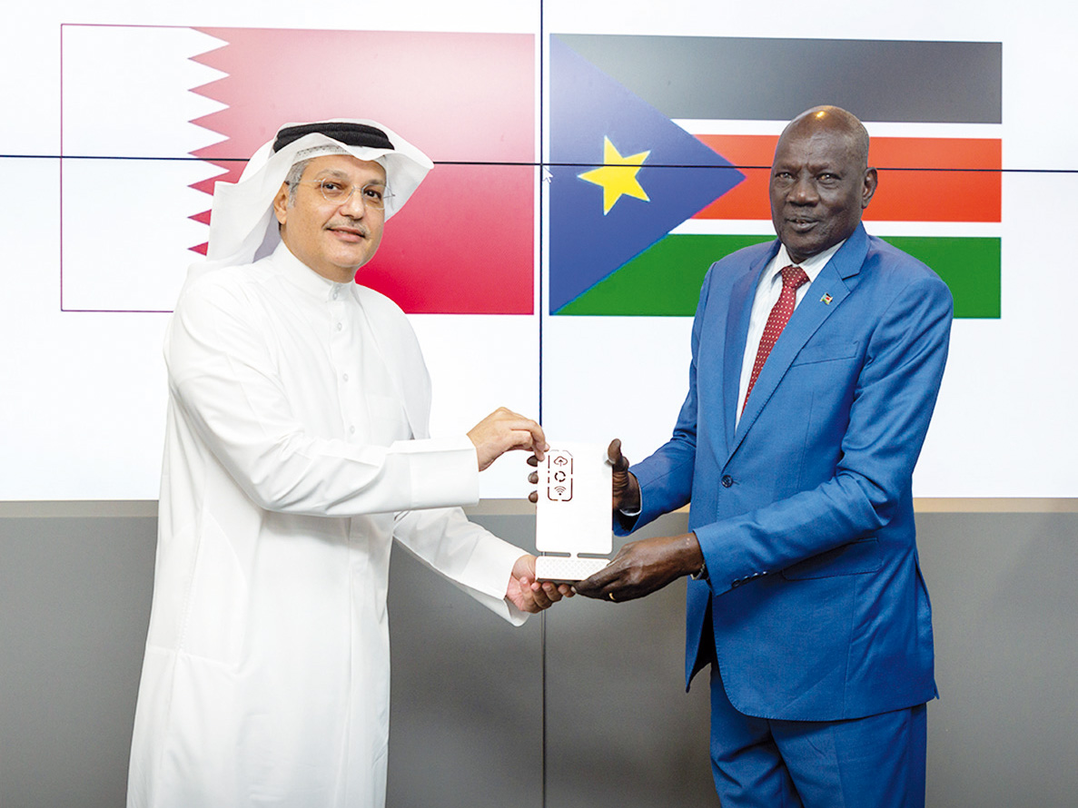 Minister of Communications and Information Technology H E Mohammed bin Ali Al Mannai with Minister of Communications and Information Technology and Postal Services of South Sudan H E Michael Makuei Lueth. 
