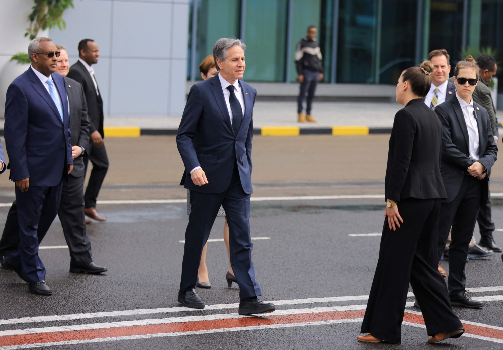US Secretary of State Antony Blinken (centre) departs for Niger from Bole International Airport, in Addis Ababa, Ethiopia, on March 16, 2023. (Photo by TIKSA NEGERI / POOL / AFP)