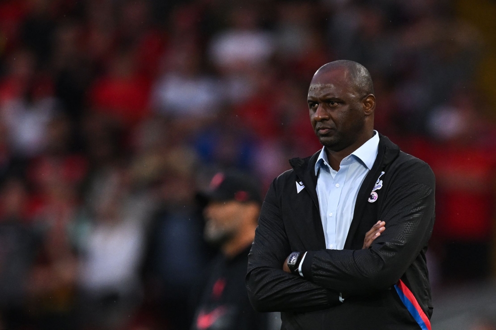 In this file photo taken on August 15, 2022 Crystal Palace's French manager Patrick Vieira reacts during the English Premier League football match between Liverpool and Crystal Palace at Anfield stadium, in Liverpool, northwest England. Photo by Paul ELLIS / AFP