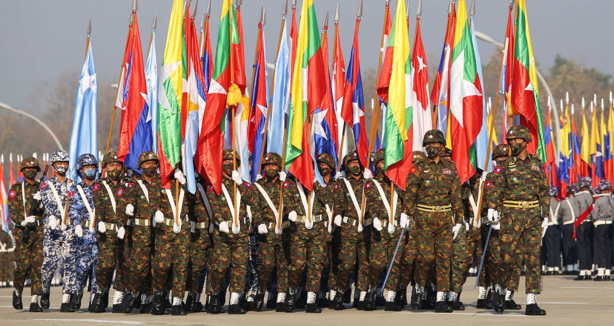 Myanmar junta military soldiers parade during a ceremony to mark the 75th anniversary of the country’s Union Day in Naypyidaw on February 12, 2022. File photo / AFP
