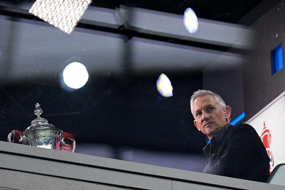 BBC TV presenter Gary Lineker is seen back in the studio working on the game ahead of kick-off in the English FA Cup quarter-final football match between Manchester City and Burnley at the Etihad Stadium in Manchester, north-west England, on March 18, 2023. (Photo by Oli SCARFF / AFP)
