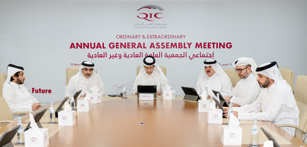 QIC Chairman Sheikh Hamad bin Faisal bin Thani Al Thani and the Board of Directors during the AGM held yesterday. 