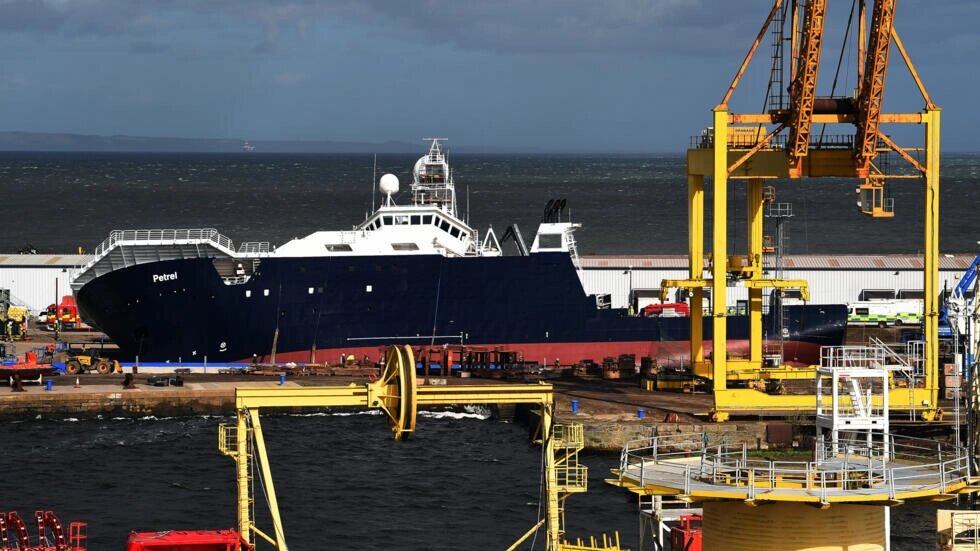 The Petrel tipped over in at dry dock in Edinburgh Wednesday during high winds. Andy Buchanan / AFP
