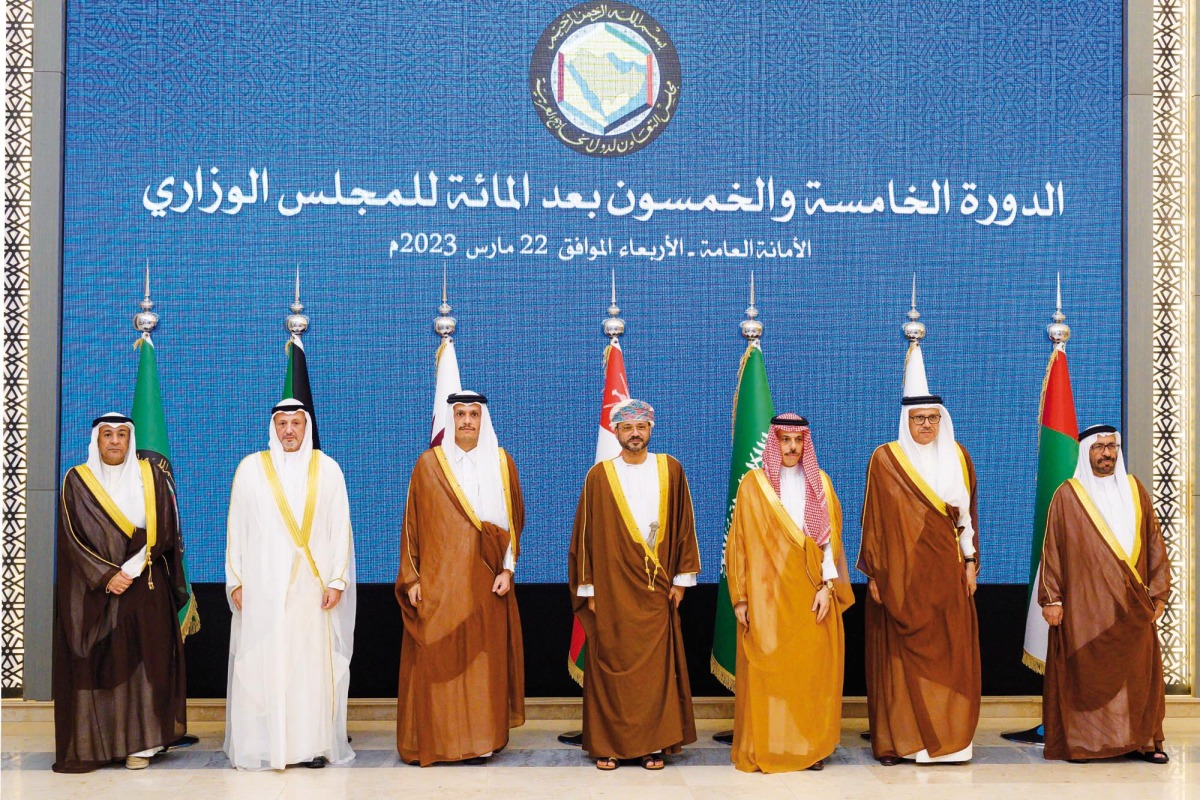 Prime Minister and Minister of Foreign Affairs H E Sheikh Mohammed bin Abdulrahman bin Jassim Al Thani along with Their Highnesses and Excellencies heads of delegations at the 155th session of the GCC Ministerial Council, in Riyadh, Saudi Arabia, yesterday.
