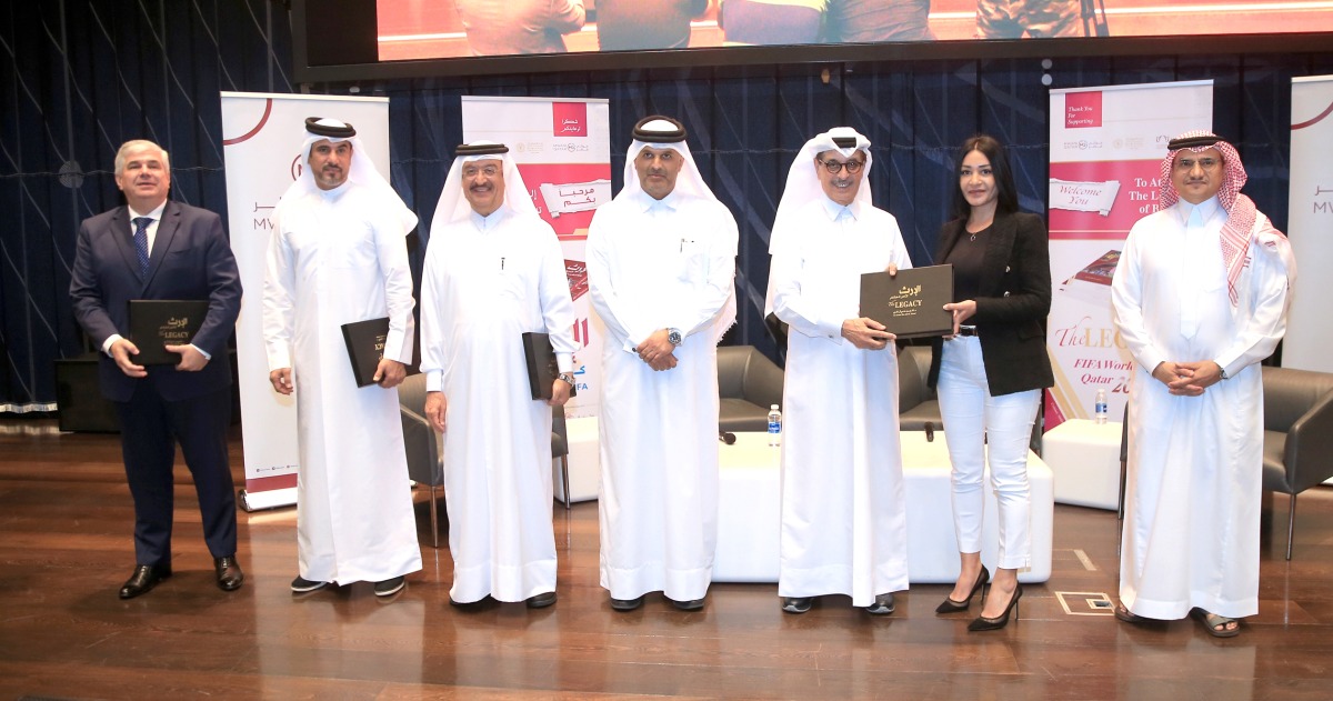 Minister of State and President of Qatar National Library H E Dr. Hamad bin Abdulaziz Al Kuwari (3rd right), Ambassador of Saudi Arabia to Qatar H H Prince Mansour bin Khalid bin Farhan Al Saud (1st right), Deputy Chairman of the National Human Rights Committee (NHRC) H E Dr. Mohammad bin Saif Al Kuwari (5th right) and Author of the book Legacy - FIFA World Cup Qatar 2022 H E Dr. Sheikh Thani bin Ali bin Saud Al Thani (4th right) during the launch ceremony.