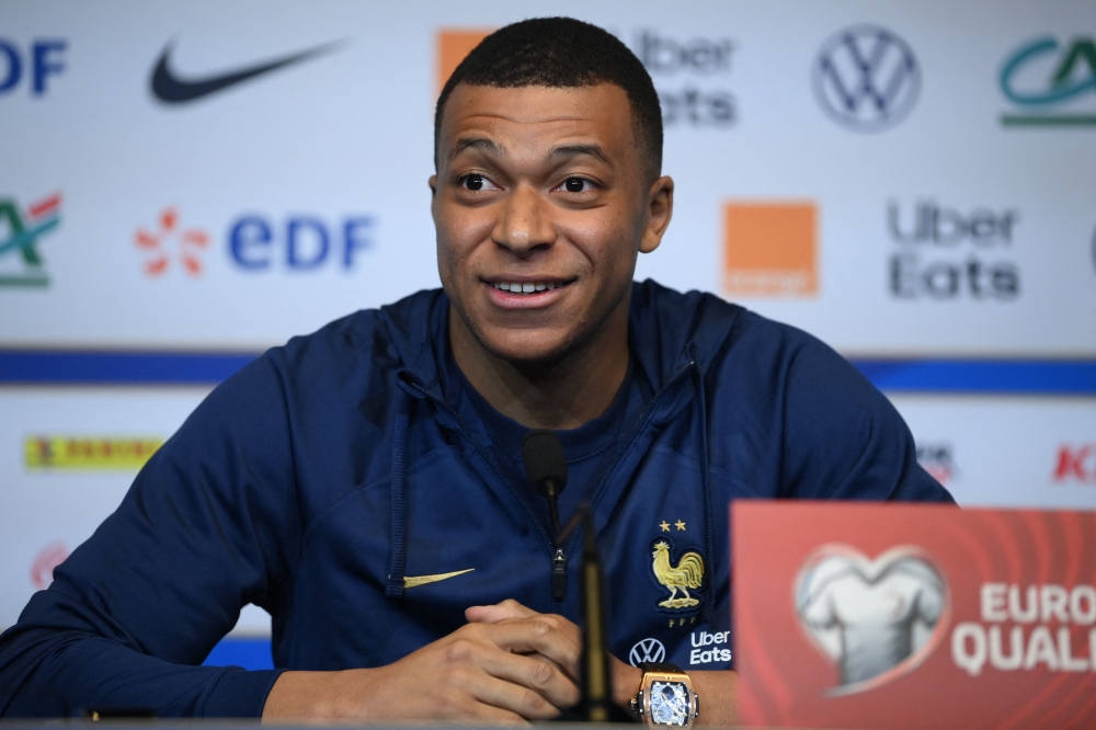 France's forward Kylian Mbappe gives a press conference at Stade de France in Saint-Denis, north of Paris on March 23, 2023, on the eve of the UEFA Euro 2024 football tournament qualifier match between France and Netherlands. Photo by FRANCK FIFE / AFP