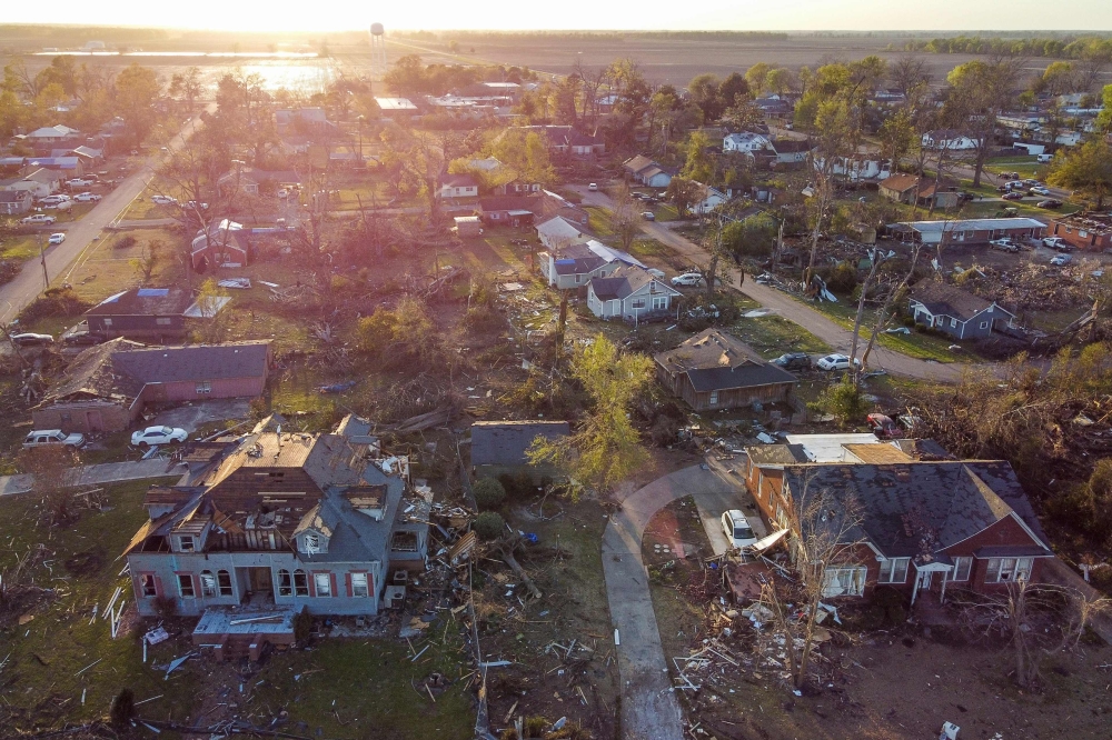 Aerial view of a destroyed neighborhood in Rolling Fork, Mississippi, after a tornado touched down in the area March 25, 2023. Photo by CHANDAN KHANNA / AFP