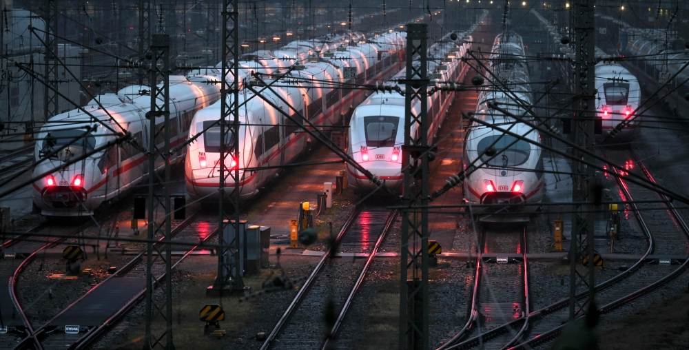 ICE high speed trains of Germany's railway operator Deutsch Bahn are parked near the central station in Munich, southern Germany, during a strike on March 27, 2023. Photo by Christof STACHE / AFP