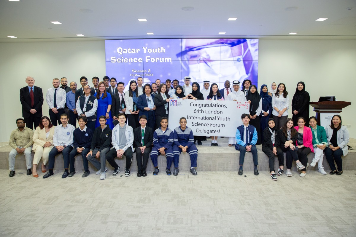 Student delegates who were selected to represent Qatar at the London International Science Forum pose with teachers and organisers of Qatar Youth Science Forum 2023.