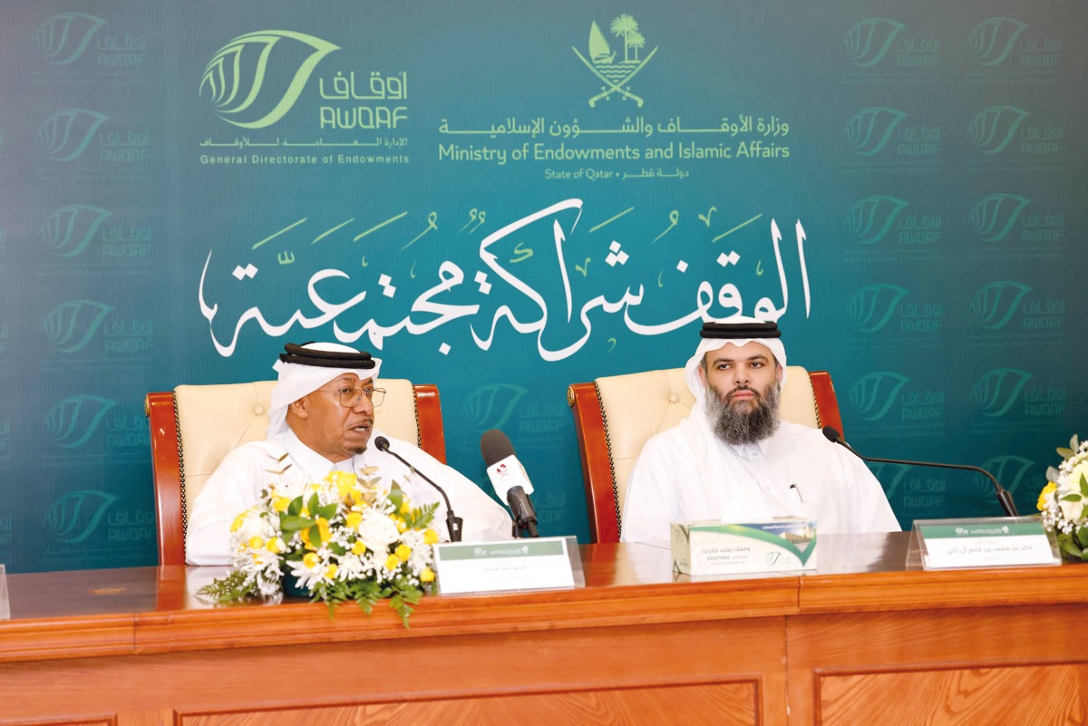 Director General of General Directorate of Endowments Dr. Sheikh Khalid bin Mohammed Al Thani (right) and Head of A Flower Each Spring programme Dr. Saif bin Ali Al Hajri during a press conference. 