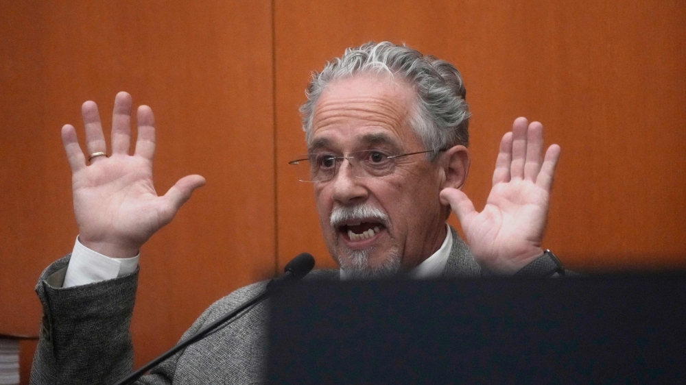 Terry Sanderson, the Utah man suing Gwyneth Paltrow, gestures as he testifies in court, March 29, 2023, in Park City, Utah. (Photo by Rick Bowmer / POOL / AFP)
