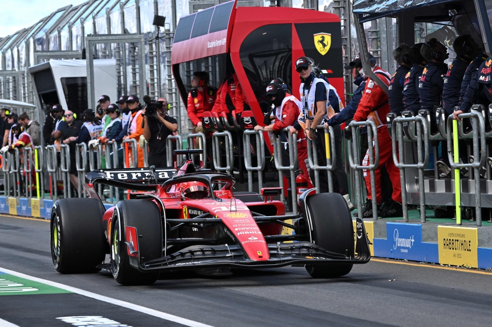 Ferrari's Monegasque driver Charles Leclerc leaves the pitlane during the first practice session of the 2023 Formula One Australian Grand Prix at the Albert Park Circuit in Melbourne on March 31, 2023. Photo by Paul CROCK / AFP