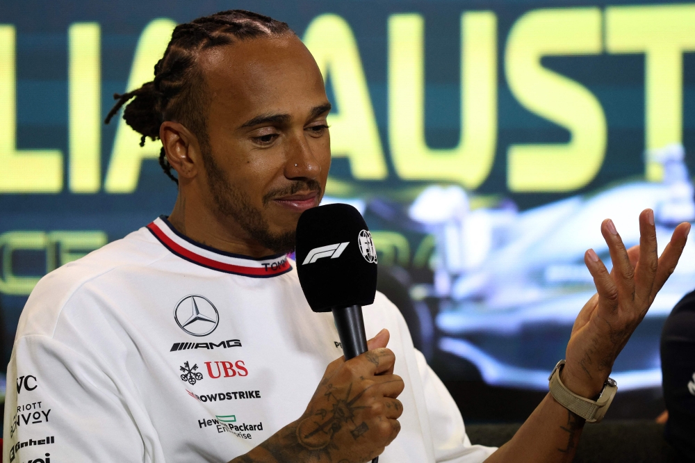 Mercedes' British driver Lewis Hamilton speaks at a press conference after the 2023 Formula One Australian Grand Prix at the Albert Park Circuit in Melbourne on April 2, 2023. Photo by Martin KEEP / AFP