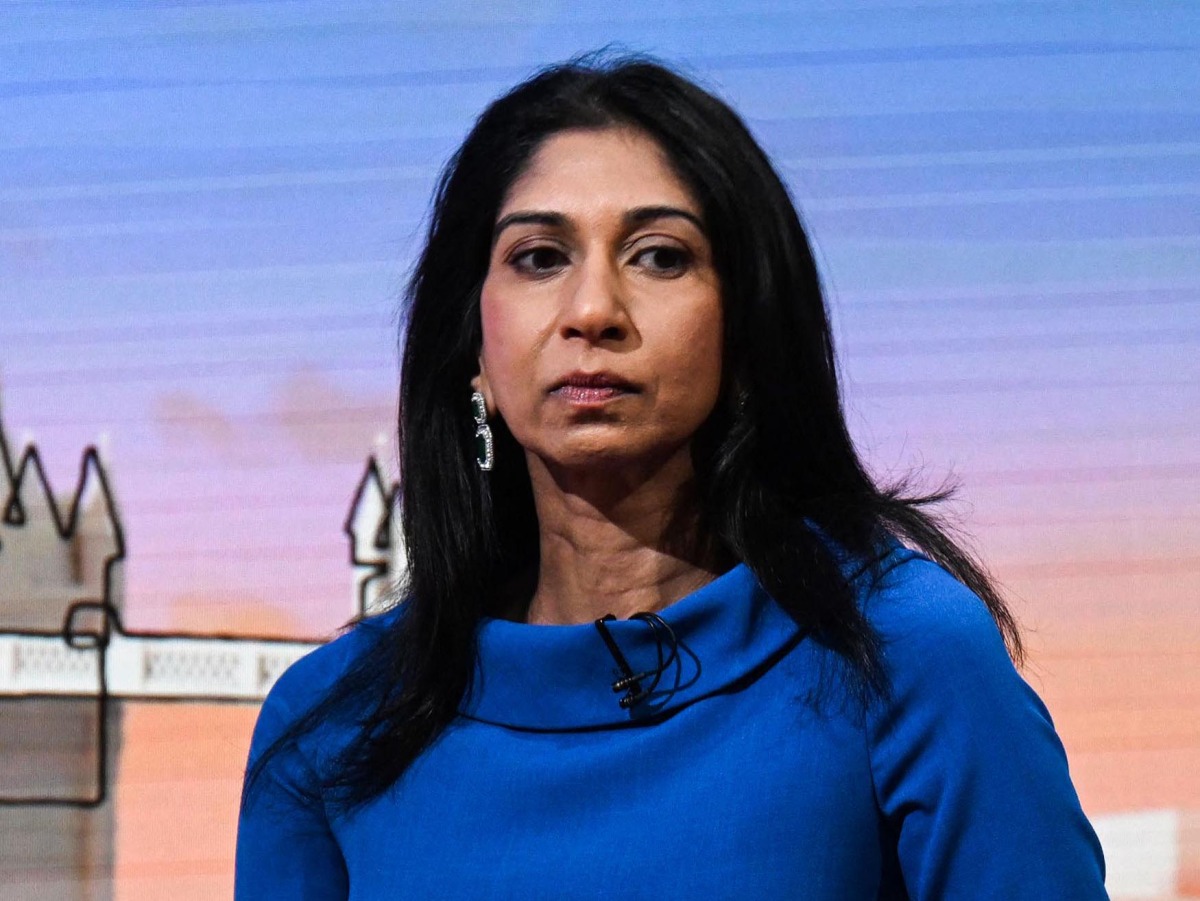 A handout picture released by the BBC, taken and received on April 2, 2023, shows Britain's Home Secretary Suella Braverman appearing on the BBC's 