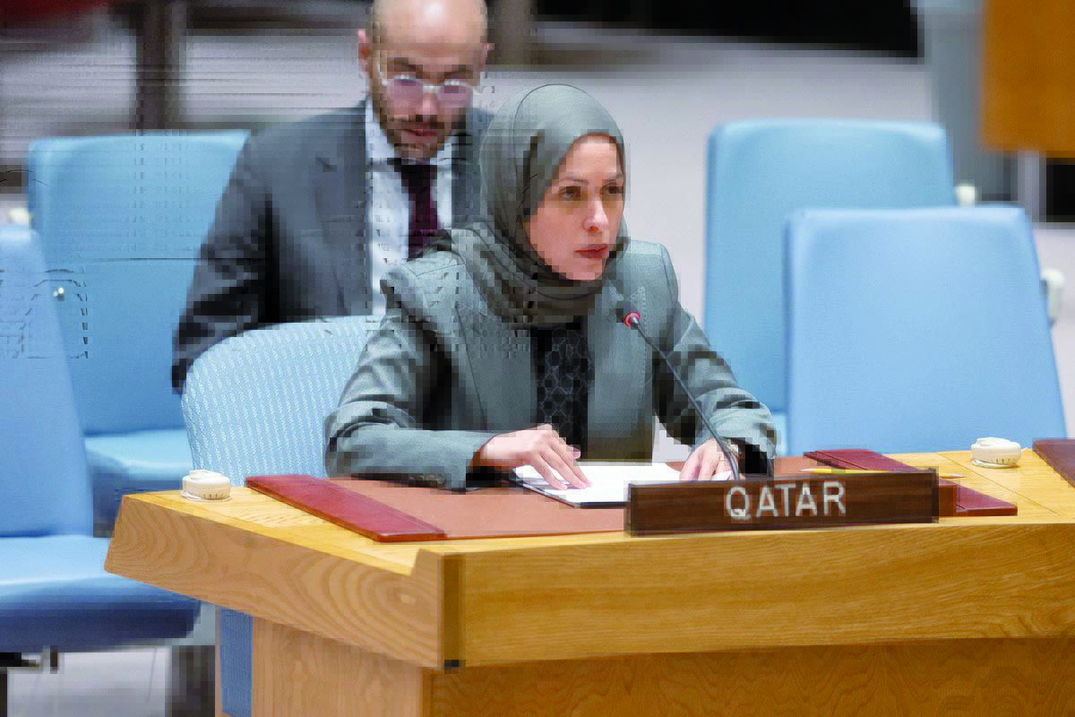 Permanent Representative of Qatar to the UN H E Sheikha Alya Ahmed bin Saif Al Thani addressing the Security Council’s open discussion session on peace and security in Africa. 