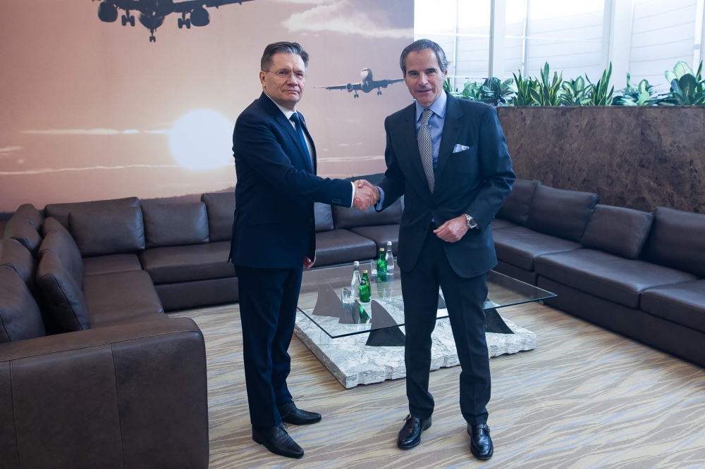 Russian state nuclear agency Rosatom general director Alexei Likhachev meets with Rafael Grossi, Director General of the International Atomic Energy Agency (IAEA), in Kaliningrad on April 5, 2023. (Photo by Handout / Russia's state nuclear agency Rosatom / AFP)