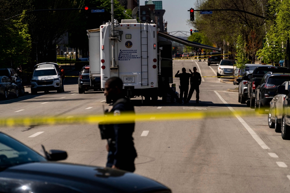 Police tape surrounds the Old National Bank after a gunman opened fire on April 10, 2023 in Louisville, Kentucky. Michael Swensen/Getty Images/AFP 