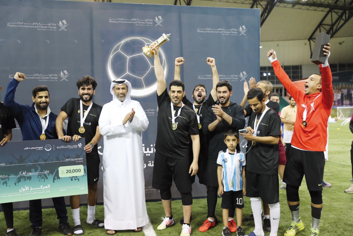 Minister of Environment and Climate Change H E Sheikh Dr. Faleh bin Nasser bin Ahmed Al Thani with winners during the conclusion ceremony of 1st Ramadan  Football Tournament organised by MoECC. 