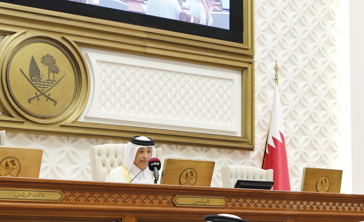 Speaker of the Shura Council H E Hassan bin Abdullah Al Ghanim chairing the regular weekly meeting held at Tamim bin Hamad Hall yesterday.