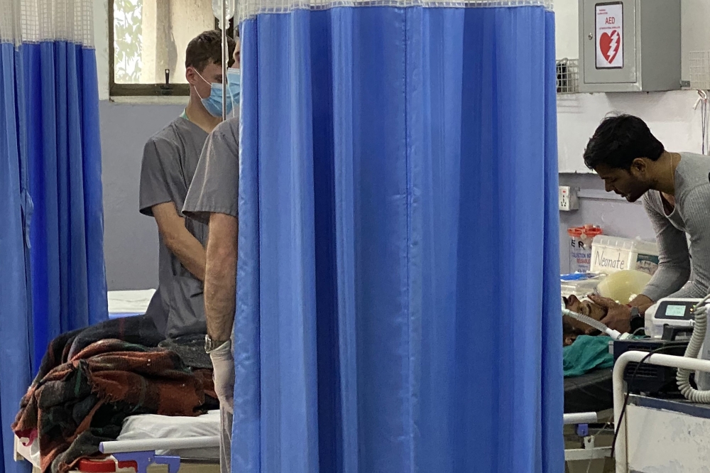 Indian climber Anurag Maloo receives medical treatment at Manipal hospital in Pokhara, some 200 km from Kathmandu on April 20, 2023, following his rescue after he went missing on April 17 down a crevasse while descending from a camp on Annapurna. Photo by YUNISH GURUNG / AFP