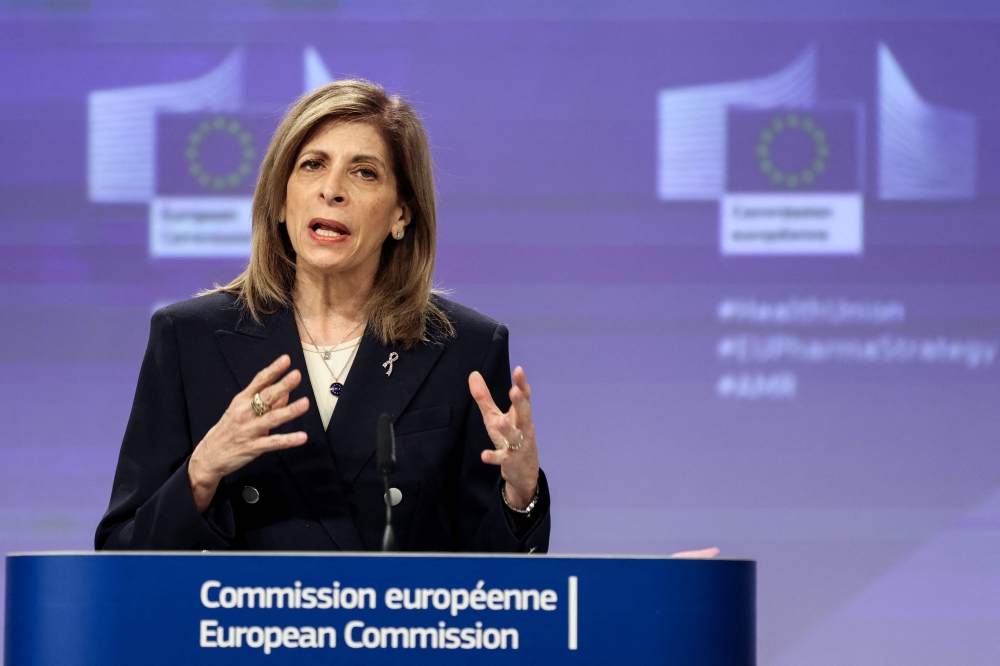 EU Commissioner for Health Stella Kyriakides speaks during a press conference on the revision of the pharmaceutical legislation and fight against antimicrobial resistance at the EU headquarters in Brussels on April 26, 2023. (Photo by Kenzo Tribouillard / AFP)