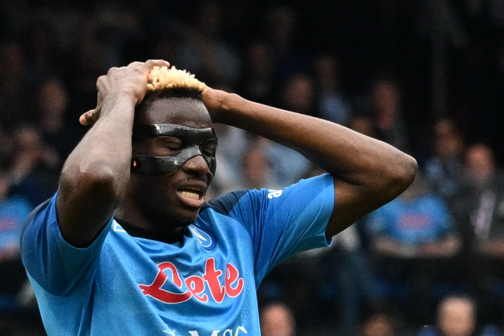 Napoli's Nigerian forward Victor Osimhen reacts during the Italian Serie A football match between Napoli and Salernitana on April 30, 2023 at the Diego-Maradona stadium in Naples. (Photo by Andreas SOLARO / AFP)
