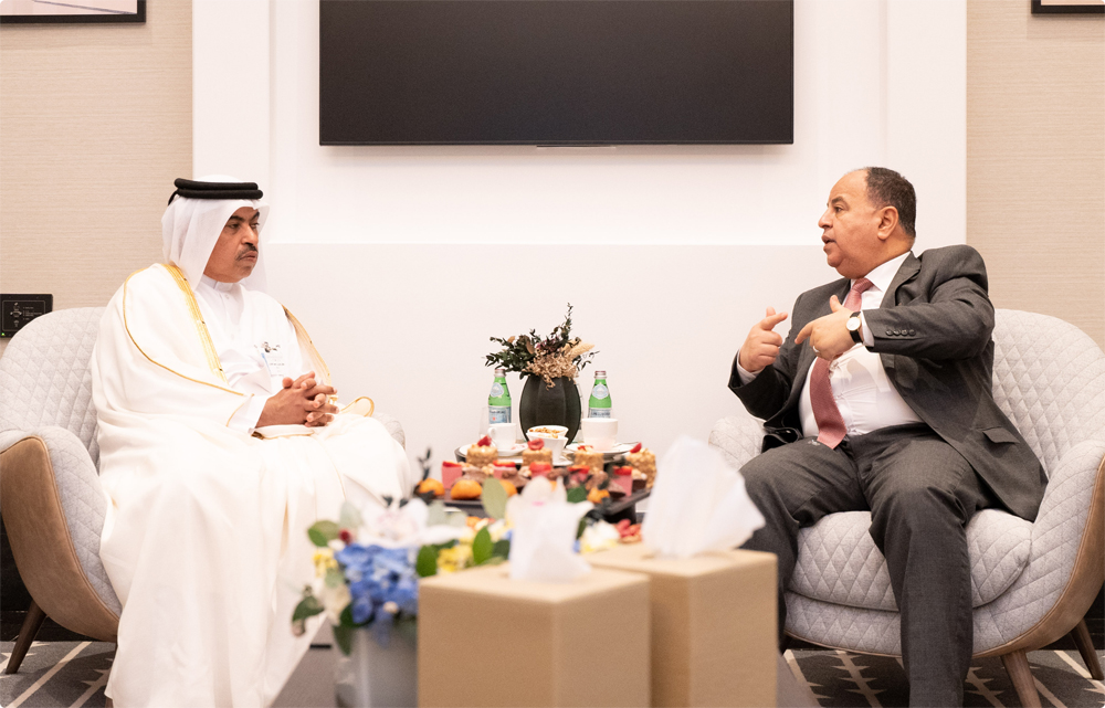 Minister of Finance H E Ali bin Ahmed Al Kuwari with Minister of Finance of Egypt H E Dr. Mohammed Maait on the sidelines of his participation in the 14th session of the Council of Arab Finance Ministers of the Arab Monetary Fund in Rabat, in the Kingdom of Morocco.
