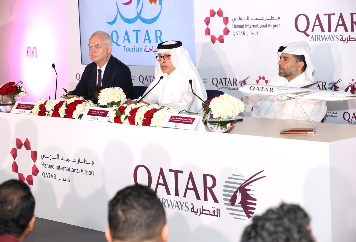 Qatar Airways Group Chief Executive H E Akbar Al Baker; Chief Operating Officer, Hamad International Airport, Eng. Badr Al Meer; and Chief Commercial Officer, Thierry Antinori during the press conference.