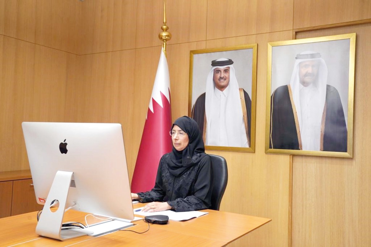 Minister of Public Health H E Dr. Hanan Mohamed Al Kuwari taking part in the virtual ministerial session on the humanitarian situation in the Republic of Sudan.