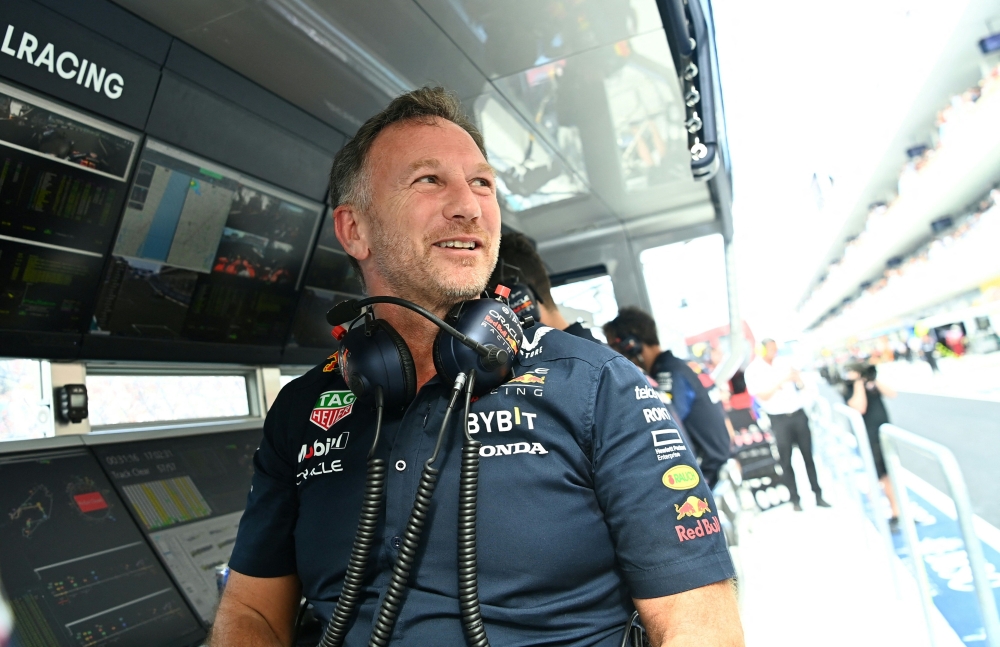 Red Bull Racing Team Principal Christian Horner looks out during the 2023 Miami Formula One Grand Prix at the Miami International Autodrome in Miami Gardens, Florida, on May 7, 2023. Photo by CHANDAN KHANNA / AFP