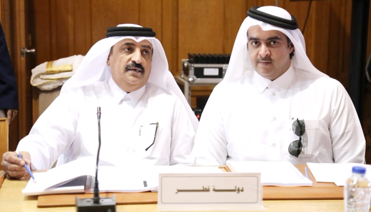 Head of the International Cooperation and Conventions Department at QMC, Sheikh Ahmed bin Thani Al Thani; and Director of the Planning, Quality and International Cooperation Department Ahmed Ghassab Al Hajri participating in the meeting in Cairo. 
