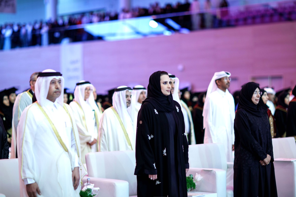 Consort of H H the Amir H H Sheikha Jawaher bint Hamad bin Suhaim Al Thani with other dignitaries during the Graduation Ceremony of the 46th batch of Qatar University female students.