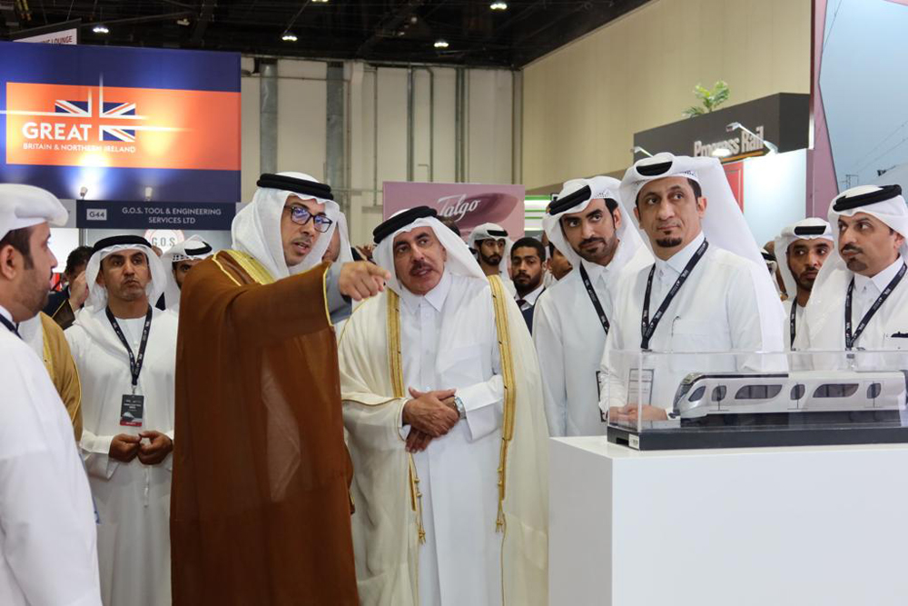 Minister of Transport H E Jassim Saif Ahmed Al Sulaiti (centre right) during his participation in the Middle East Rail event at the Abu Dhabi National Exhibition Centre in the UAE.