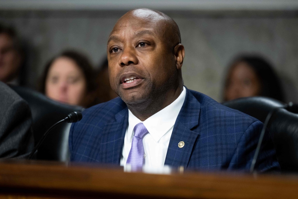 US Senator Tim Scott, Republican of South Carolina, speaks during a US Senate Committee on Banking, House and Urban Affairs hearing about recent bank failures on Capitol Hill in Washington, DC, May 18, 2023. (Photo by Saul Loeb / AFP)